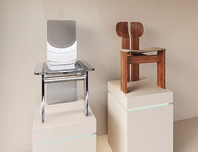 Contemporary Leisure Chairs with Transparent Acrylic and Wooden Frames on White Display Stands 3d model