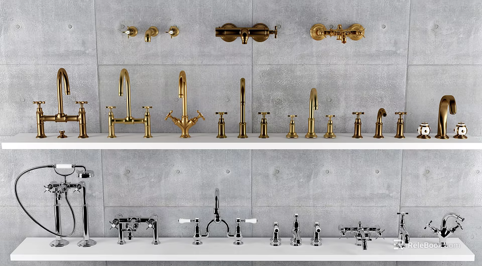 Various Styles of Gold and Silver Faucets Displayed on Gray Wall 3d model 