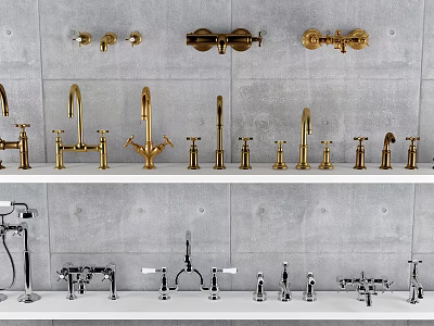 Various Styles of Gold and Silver Faucets Displayed on Gray Wall 3d model