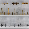 Various Styles of Gold and Silver Faucets Displayed on Gray Wall