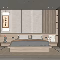 Japanese Style Bedroom Interior With Tatami Bed Wooden Elements And Calligraphy Scroll