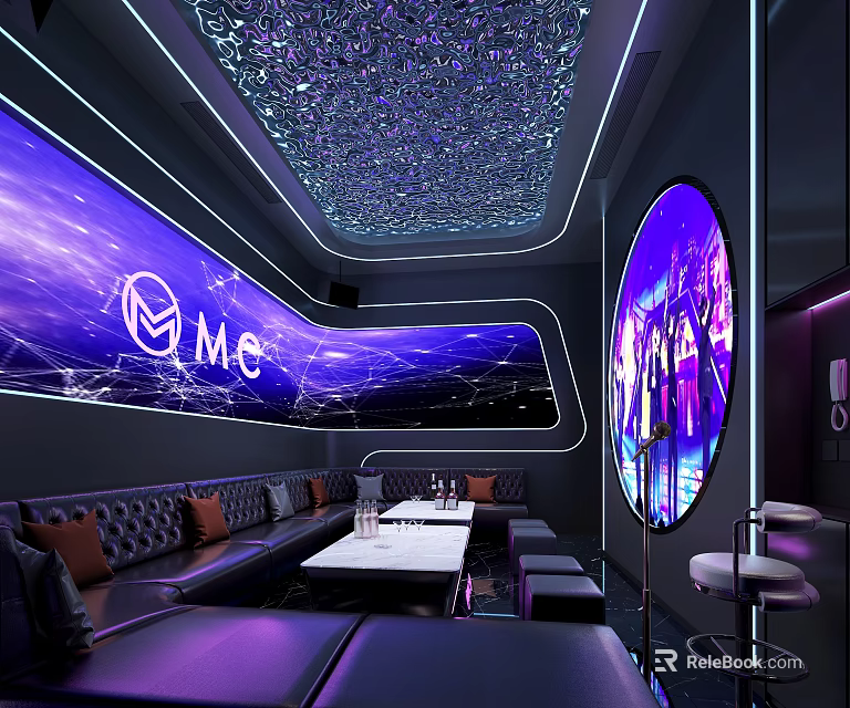 Modern KTV Interior With Neon Lights Comfortable Seats Large Screen And Microphone 3d model 