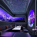 Modern KTV Interior With Neon Lights Comfortable Seats Large Screen And Microphone