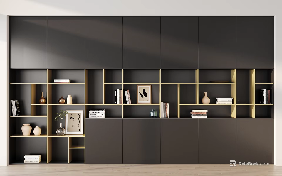 Modern Black Bookcase With Open Shelves Books And Decorative Items 3d model 