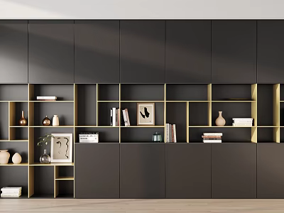 Modern Black Bookcase With Open Shelves Books And Decorative Items 3d model