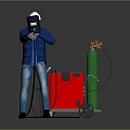 Worker in Blue Uniform and Safety Helmet Using Welding Machine with Green Gas Cylinder