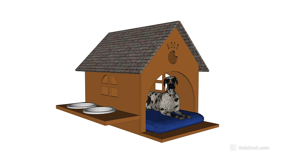 Garden Wooden Dog House with Gray Shingle Roof Dalmatian Dog Blue Cushion and Bowls 3d model 