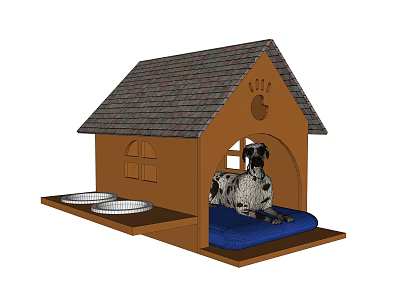 Garden Wooden Dog House with Gray Shingle Roof Dalmatian Dog Blue Cushion and Bowls 3d model