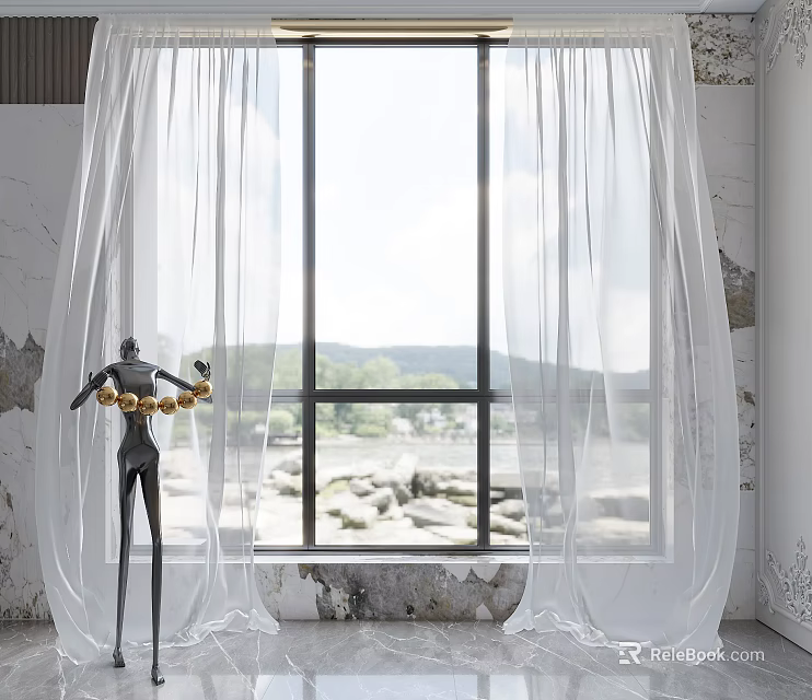 White Sheer Curtains Framing Large Window with Black Sculpture Holding Golden Rings and Mountain View 3d model 