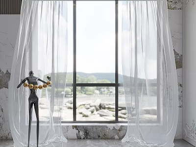 White Sheer Curtains Framing Large Window with Black Sculpture Holding Golden Rings and Mountain View 3d model