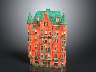 Vintage Multi Storey Residential Building With Red Exterior Walls And Green Roof Spires 3d model