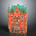 Vintage Multi Storey Residential Building With Red Exterior Walls And Green Roof Spires