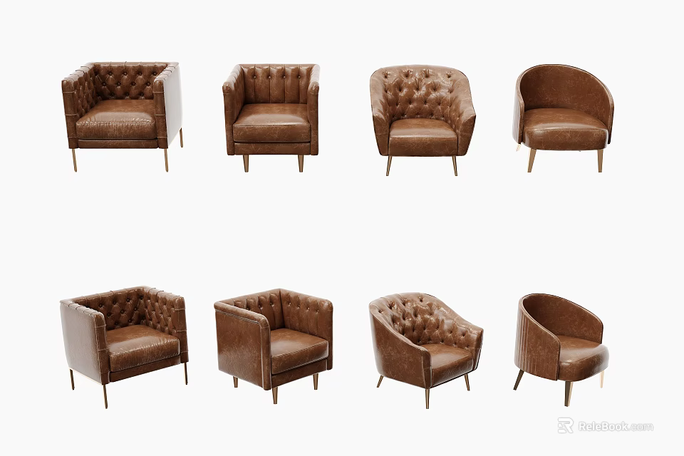 Modern Brown Leather Single Sofa With Tufted Back And Metal Legs Design 3d model