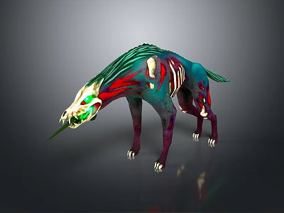 Spiked Fantasy Creature With Green Red Mane Purple Legs And Skeletal Details 3d model