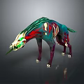 Spiked Fantasy Creature With Green Red Mane Purple Legs And Skeletal Details