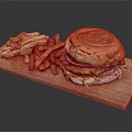 Juicy Burger With Crispy Regular And Sweet Potato Fries Served On Wooden Cutting Board