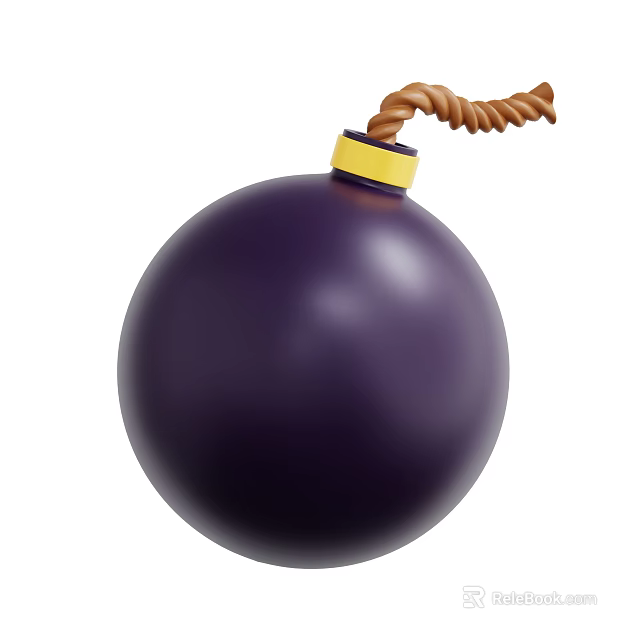 Purple Bomb Weapon With Yellow Ring On Top And Brown Twisted Fuse 3d model 