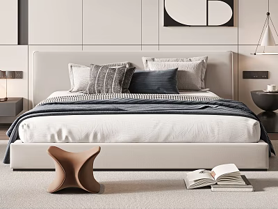 Modern Double Bed With Light Headboard Pillows Striped Blanket And Decorative Painting In Bedroom 3d model