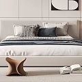 Modern Double Bed With Light Headboard Pillows Striped Blanket And Decorative Painting In Bedroom