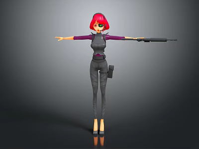 3D Character With Red Hair Green Glasses Gray Bodysuit Purple Sleeves Gun Holster And High Heels 3d model