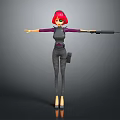 3D Character With Red Hair Green Glasses Gray Bodysuit Purple Sleeves Gun Holster And High Heels