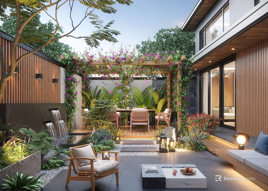 Modern Garden Space With Wooden Pergola Climbing Flowers Outdoor Seating And Green Plants 3d model 