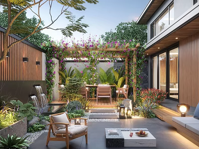 Modern Garden Space With Wooden Pergola Climbing Flowers Outdoor Seating And Green Plants 3d model
