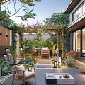 Modern Garden Space With Wooden Pergola Climbing Flowers Outdoor Seating And Green Plants