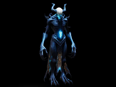 Dark Fantasy Game Movie Character With Horned Head And Blue Glowing Elements 3d model