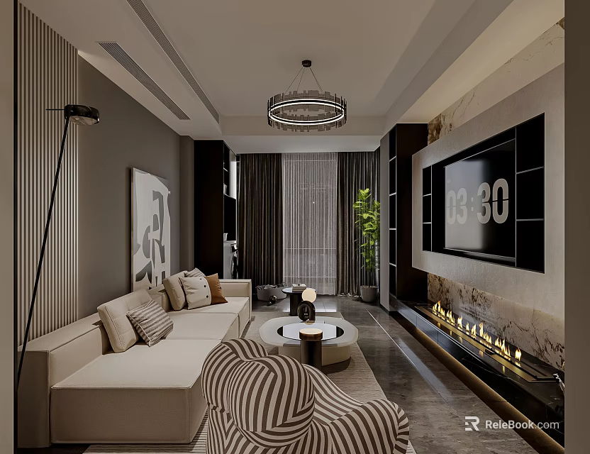 Modern Luxurious Living And Dining Room Interior Design With Cozy Sofa Elegant Fireplace And Lighting 3d model 