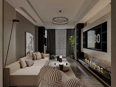 Modern Luxurious Living And Dining Room Interior Design With Cozy Sofa Elegant Fireplace And Lighting 3d model