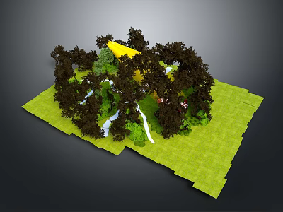 Scenic 3D Landscape Design With Green Grass Lush Trees And Yellow Structure 3d model