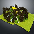 Scenic 3D Landscape Design With Green Grass Lush Trees And Yellow Structure