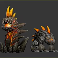 Two Fantasy Rock Creatures with Flaming Spikes Lava Veins and Glowing Eyes Design