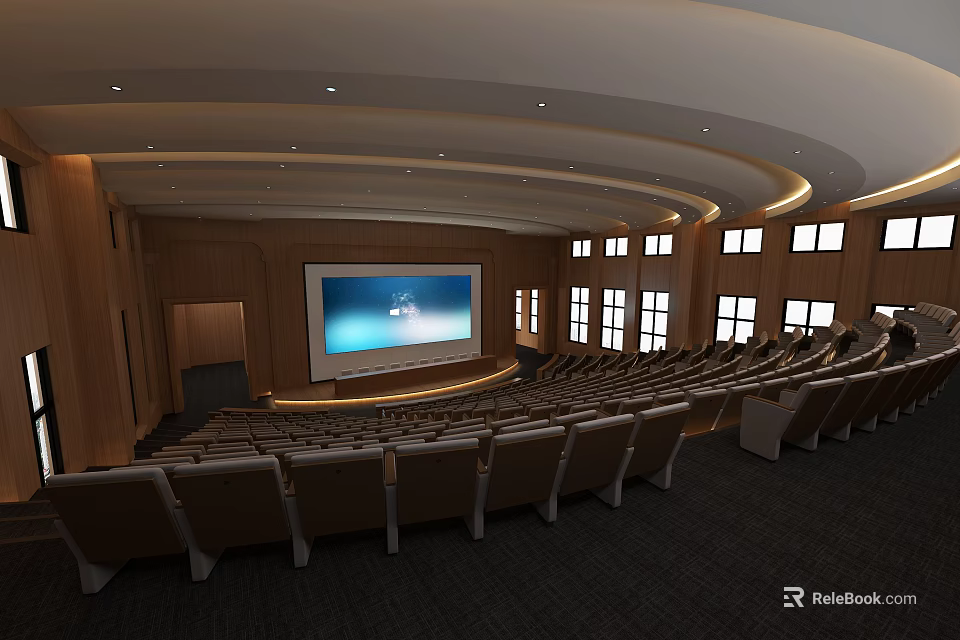 Modern Conference Room Interior With Curved Ceiling Large Screen Rows Of Seats And Windows 3d model 