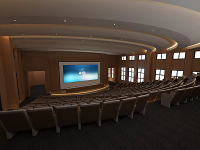 Modern Conference Room Interior With Curved Ceiling Large Screen Rows Of Seats And Windows 3d model