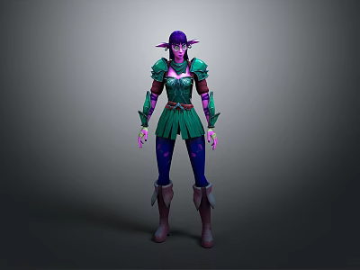 Elf Woman with Purple Hair Pointed Ears Wearing Green Armor and Blue Pants 3d model