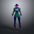 Elf Woman with Purple Hair Pointed Ears Wearing Green Armor and Blue Pants