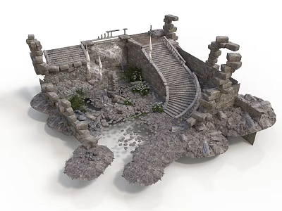 Ancient Stone Ruin Scene With Curved Stairs Stone Walls Water Stream And Small Plants 3d model