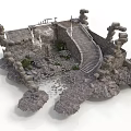 Ancient Stone Ruin Scene With Curved Stairs Stone Walls Water Stream And Small Plants