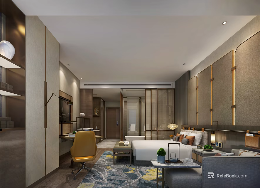 Elegant Modern Hotel Room Interior With Comfortable Bed Sofa Yellow Chair Work Desk And Carpet 3d model 