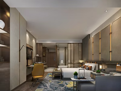 Elegant Modern Hotel Room Interior With Comfortable Bed Sofa Yellow Chair Work Desk And Carpet 3d model