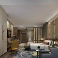 Elegant Modern Hotel Room Interior With Comfortable Bed Sofa Yellow Chair Work Desk And Carpet