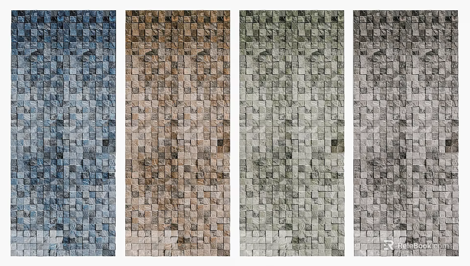 Bedroom Accent Wall with Square Tile Patterns in Blue Brown Grey Tones 3d model