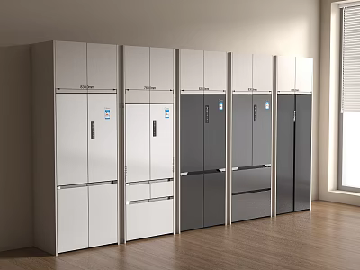 Multiple White And Gray Refrigerators Arranged In Modern Room With Wooden Floor And Window Blinds 3d model