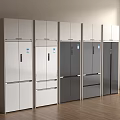 Multiple White And Gray Refrigerators Arranged In Modern Room With Wooden Floor And Window Blinds