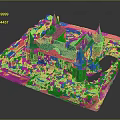 Red Brick Castle Building With Blue Roofs Towers And Green Lawn Pathways