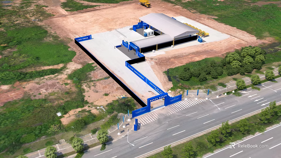 Aerial View Of Construction Site With Building Structure Construction Equipment Road And Green Trees 3d model 