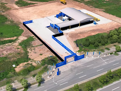 Aerial View Of Construction Site With Building Structure Construction Equipment Road And Green Trees 3d model