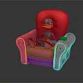 Animated Game Character Blue Duck Sitting On Pink Armchair With Yellow Beak